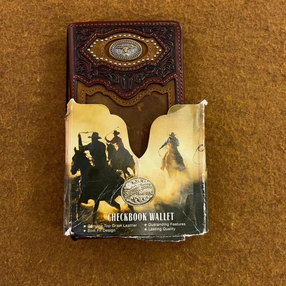 Silver Creek Mens OS Brown Leather Western Longhorn Concho Checkbook Wallet New
